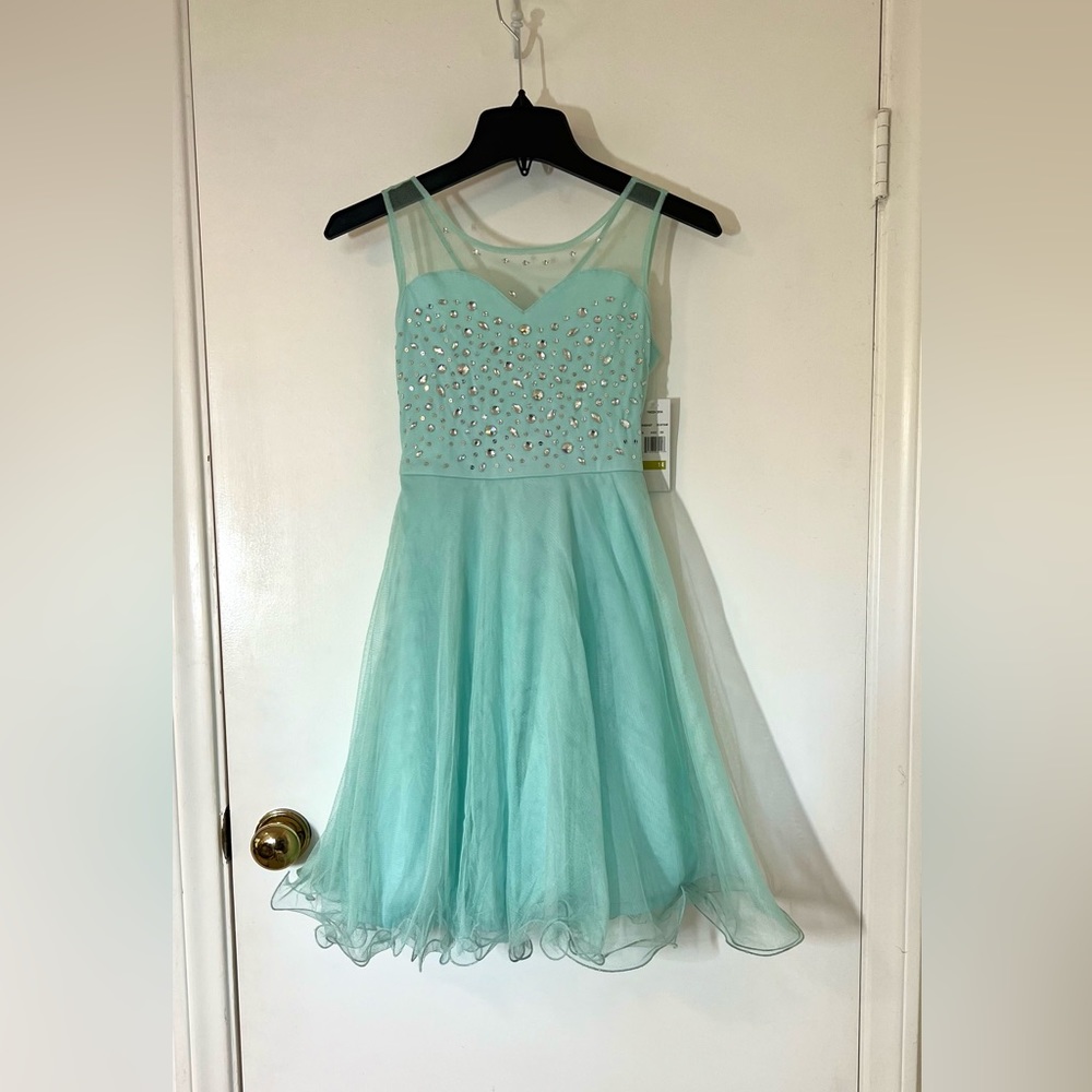 Tween Diva A-Line Bejeweled Sea Foam Dress. Perfect for dances and bat mitzvahs!